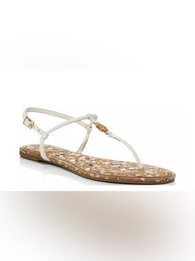 Tory Burch Emmy Flat Sandal Ivory Gold Confetti Cork Calf Leather Womens 9